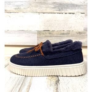 Skechers Womens 9 Navy Blue Platform Moccasin Slip On Ojai Faux Fur Slippers NEW